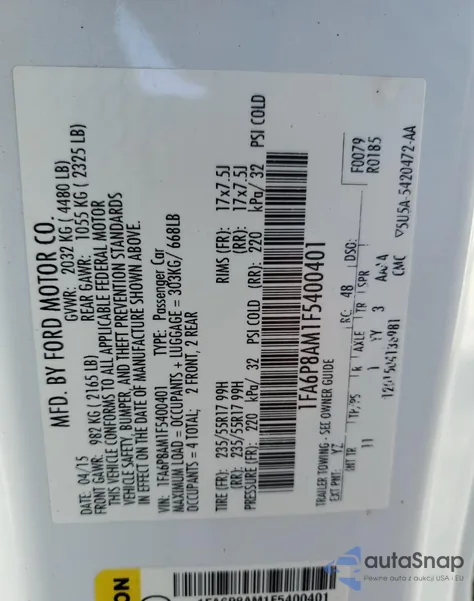 2015 Ford Mustang from USA, damaged, VIN 1FA6P8AM1F5400401